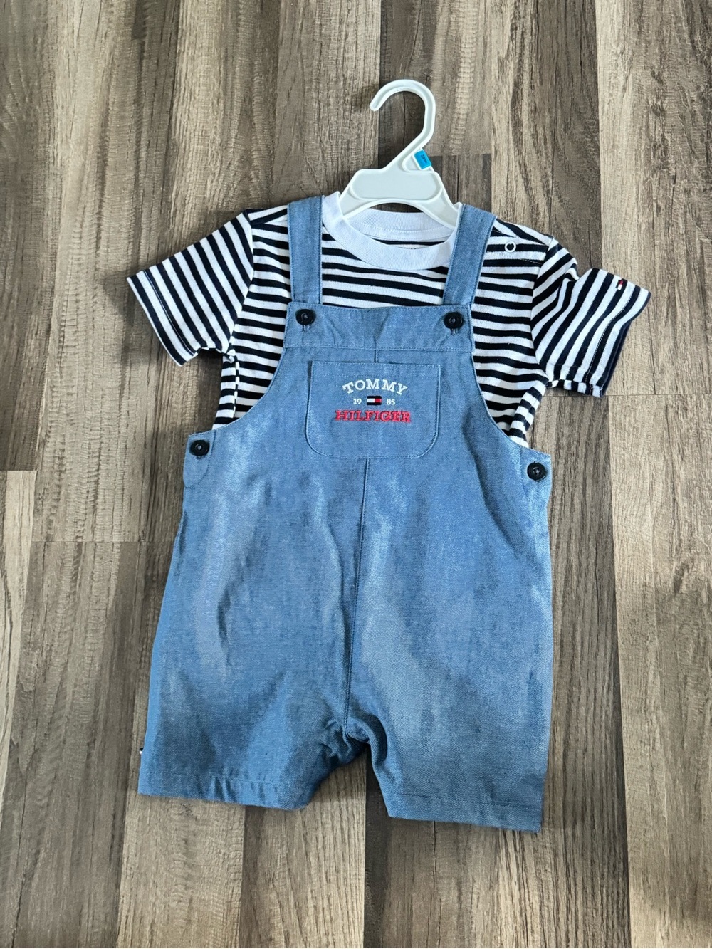 Tommy Hilfiger Light Blue Denim Short Overalls with Black & White Striped Tee